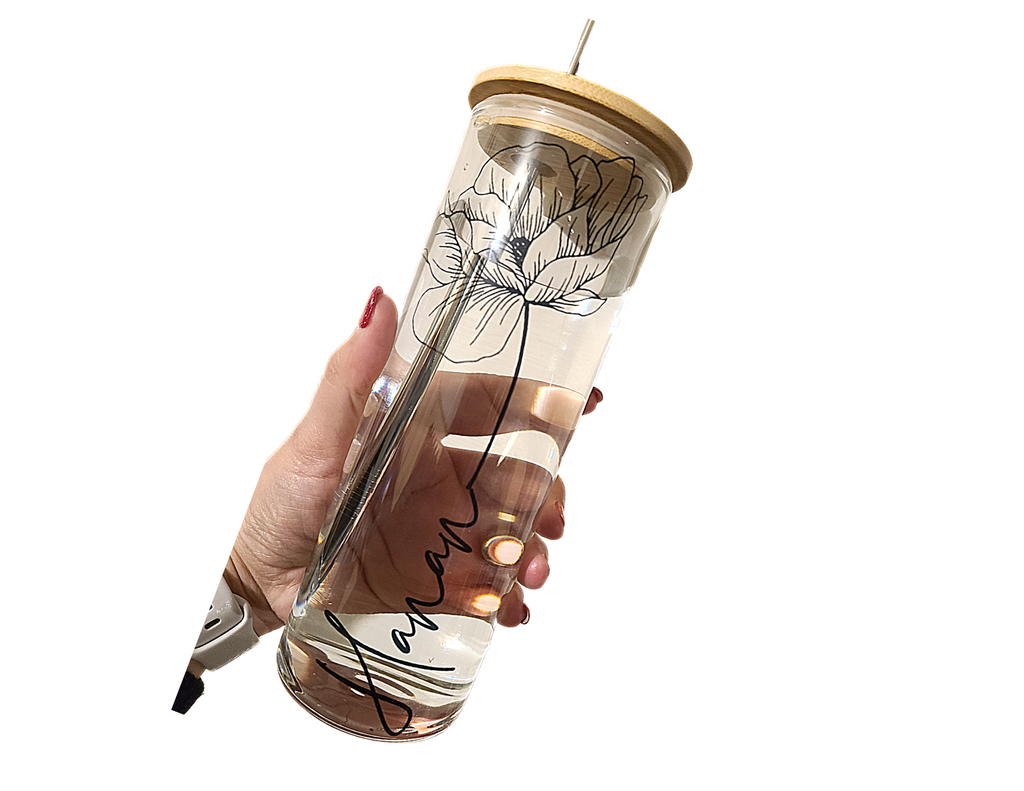 22 oz glass water cup with bamboo lid and straw – The Gift Gallery MI